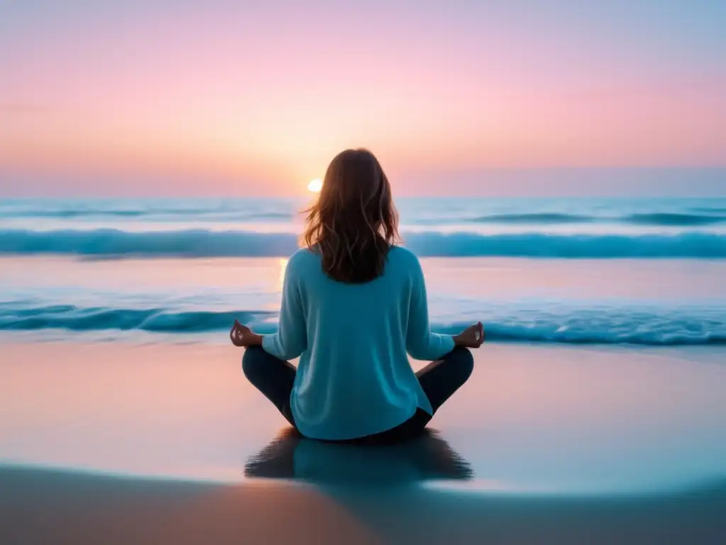 Persona meditando en la playa: Técnicas de manejo del estrés para una vida saludable