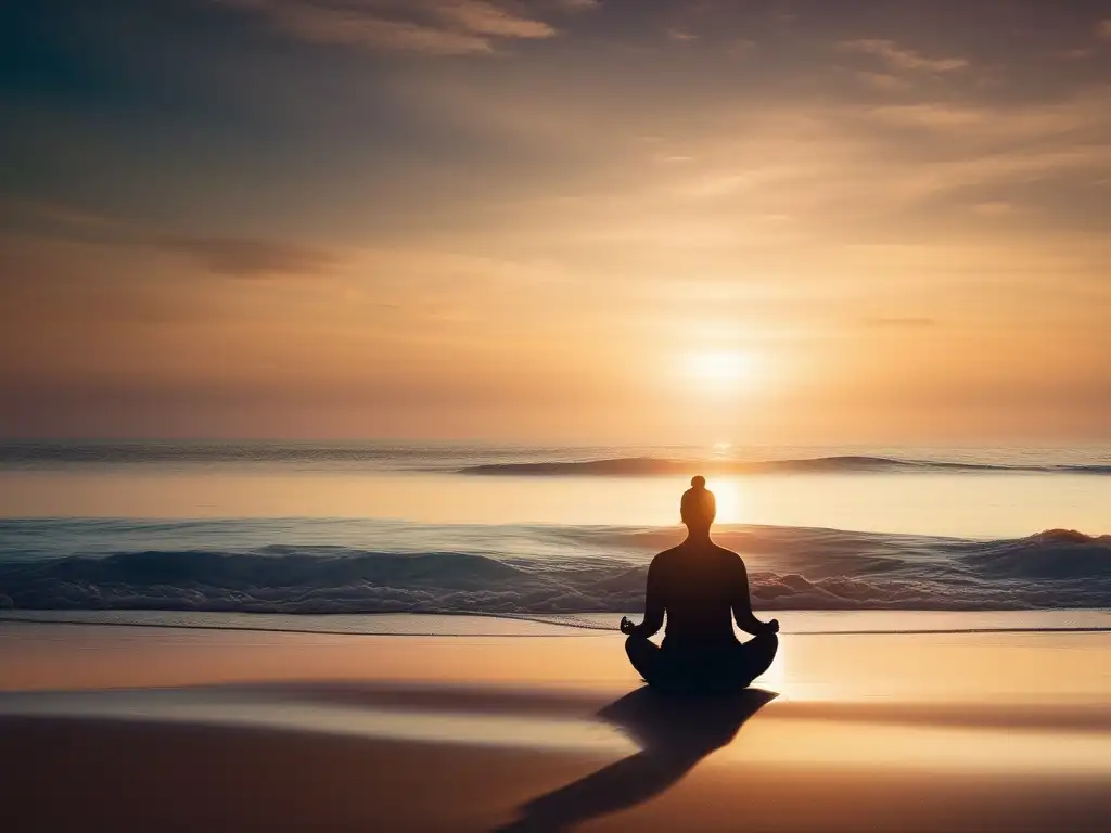 Persona meditando en una playa tranquila, simbolizando paz interior y conexión con la naturaleza