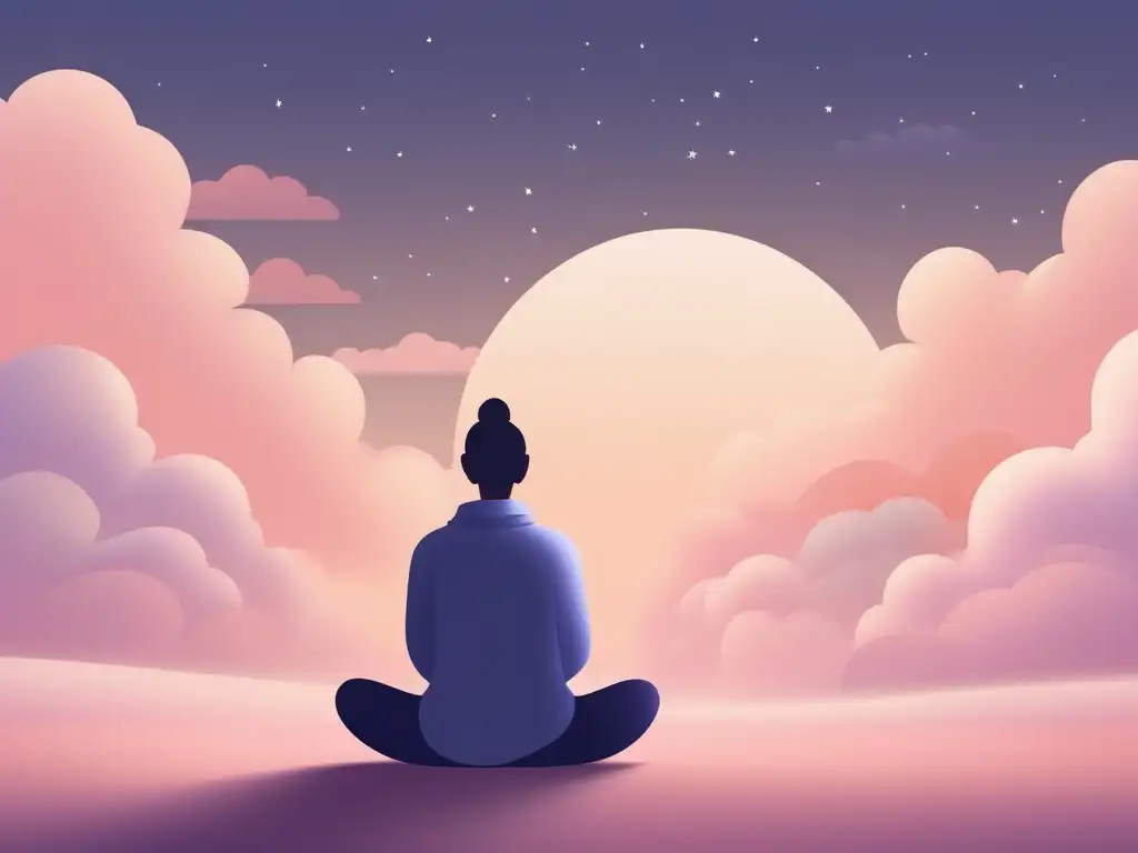 Ilustración minimalista de persona meditando rodeada de nubes pastel