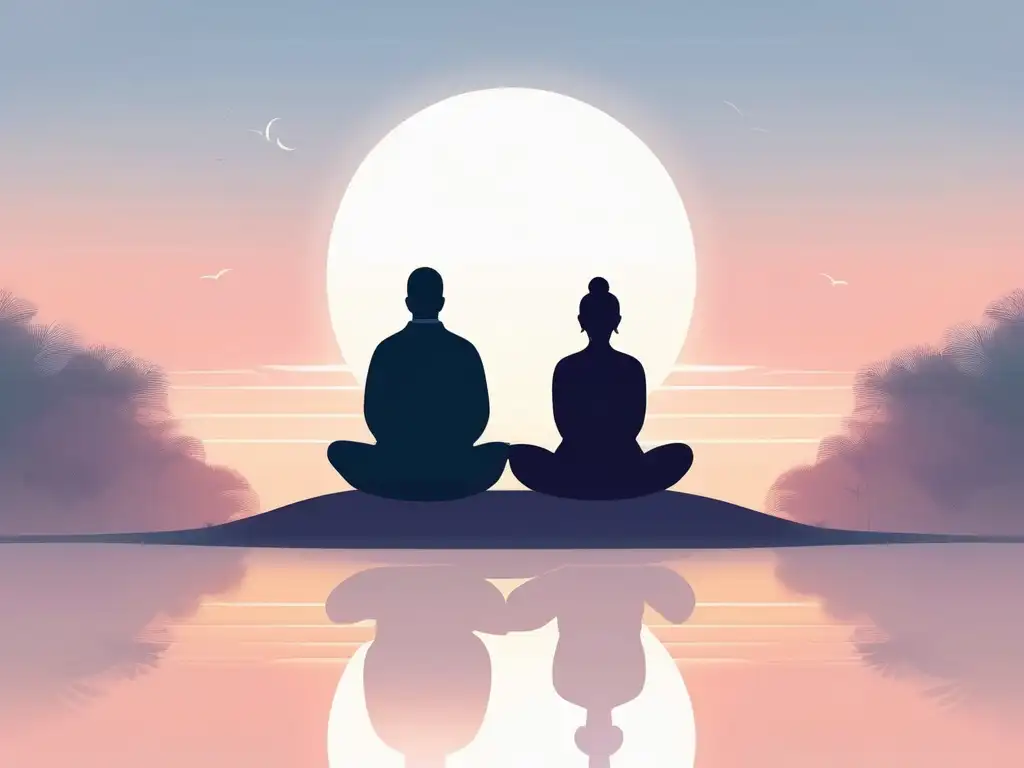 Beneficios de la meditación en relaciones: Dos personas meditan en un entorno tranquilo y armonioso, promoviendo mindfulness y empatía