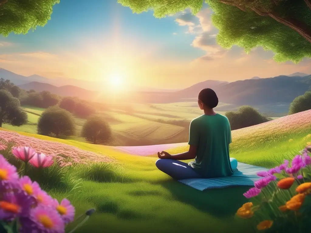 Imagen de meditación en un prado verde con flores coloridas: Controlar el estrés para el bienestar