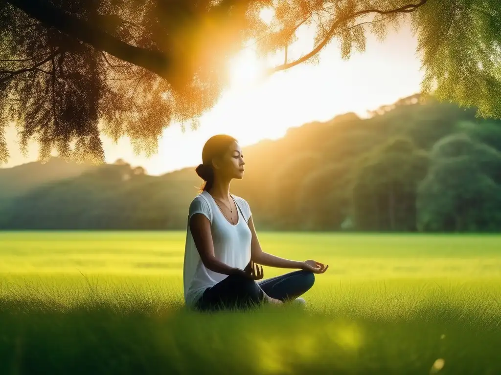 Beneficios de mindfulness en lupus: Mujer en meditación en un prado verde, transmitiendo paz y calma