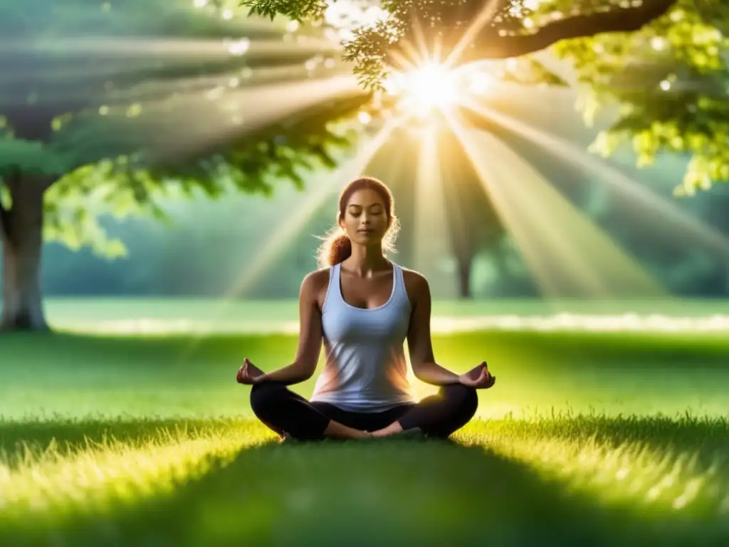 Beneficios del Mindfulness en salud mental: Serenidad en un prado verde, una persona en postura de meditación