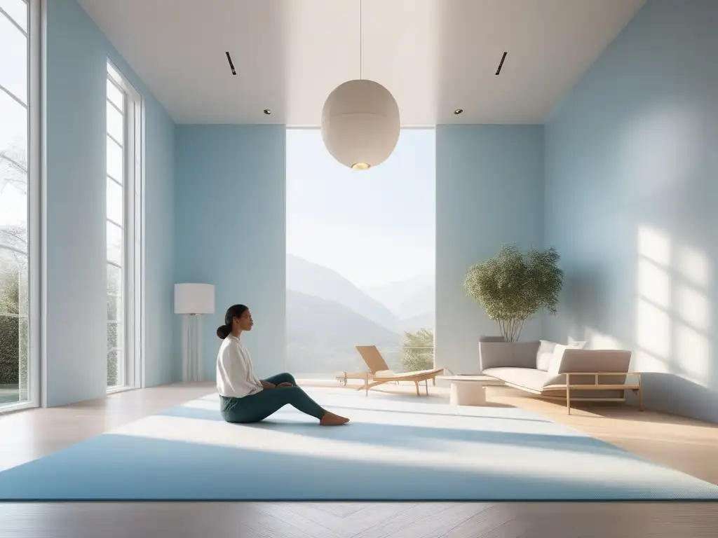 Guía para mejorar salud mental: Imagen 8k serena, minimalista de persona meditando en habitación iluminada con luz natural