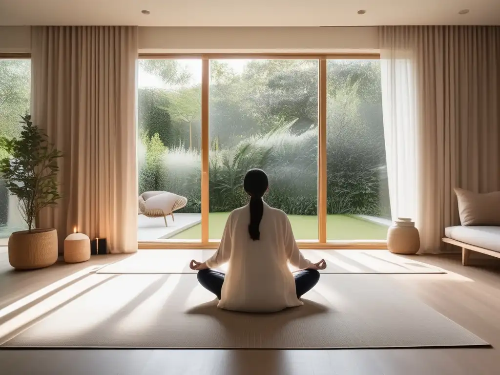 Habitación de meditación minimalista con luz natural, muebles modernos y persona practicando mindfulness