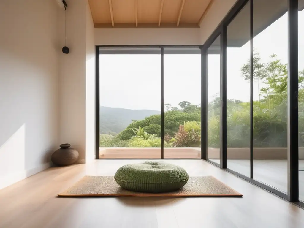 Espacio de meditación minimalista, luz natural, suelo de madera clara, paredes blancas, ventanales con vista al jardín verde