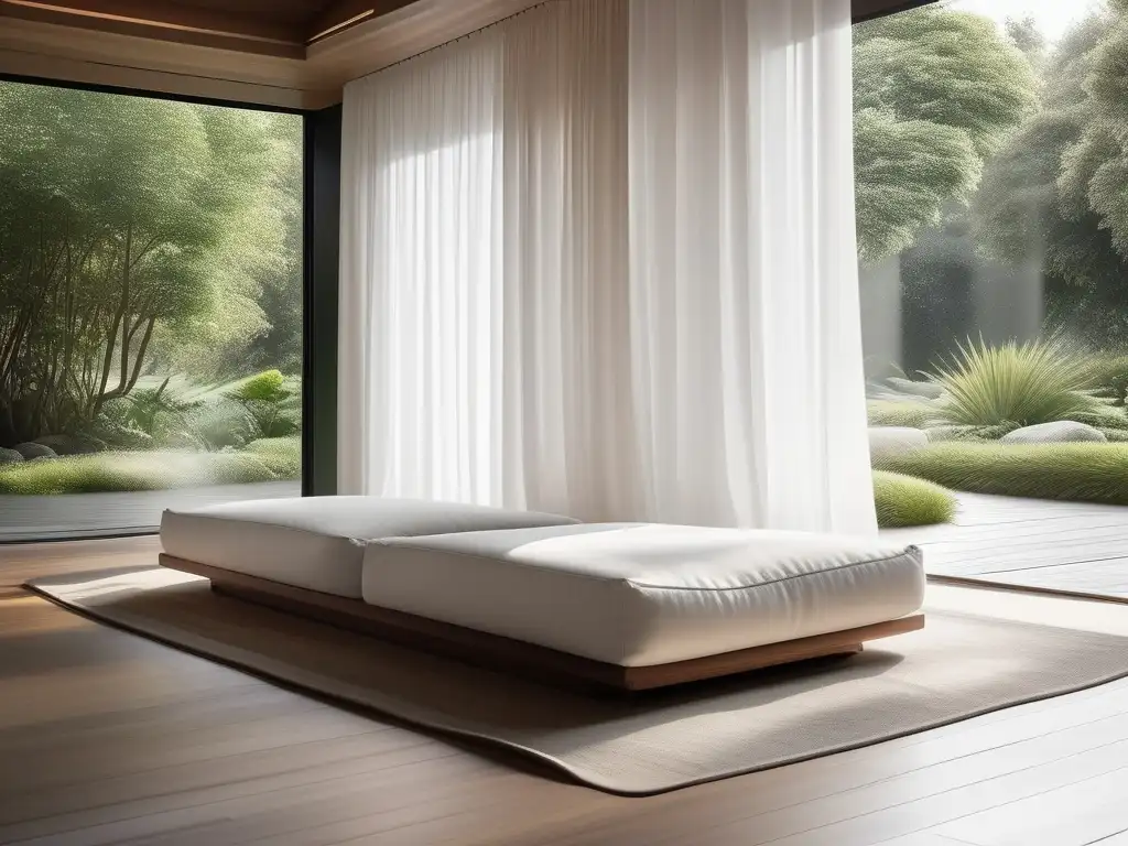 Habitación de meditación minimalista y tranquila, con vista a jardín verde y cojín de meditación gris