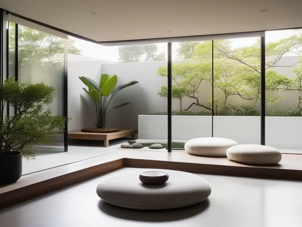 Habitación de meditación serena con vistas al jardín, cojín blanco en el centro rodeado de decoración minimalista