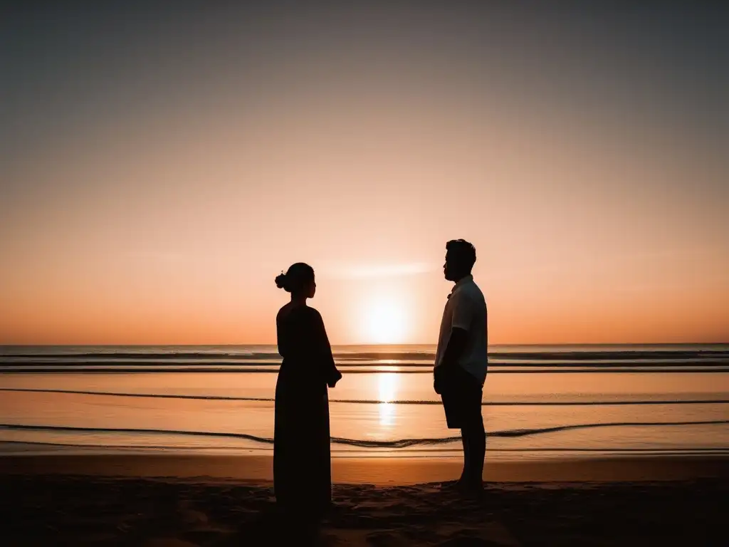 Beneficios meditación para relaciones - Siluetas en pose de meditación en la playa al atardecer