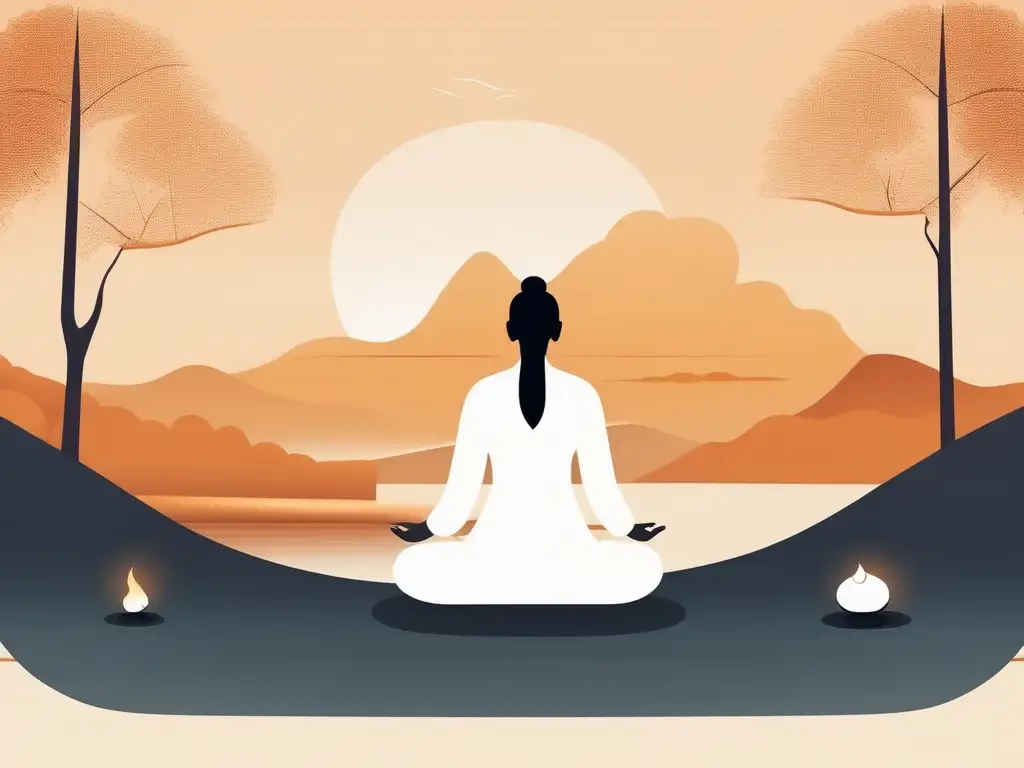 Escena de meditación con figura en postura de loto rodeada de tranquilidad y trinidad de colores (Técnicas de meditación para el equilibrio emocional)