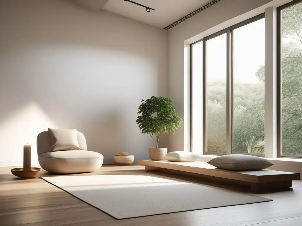 Habitación de meditación minimalista iluminada con luz natural, con beneficios del potasio para controlar el estrés