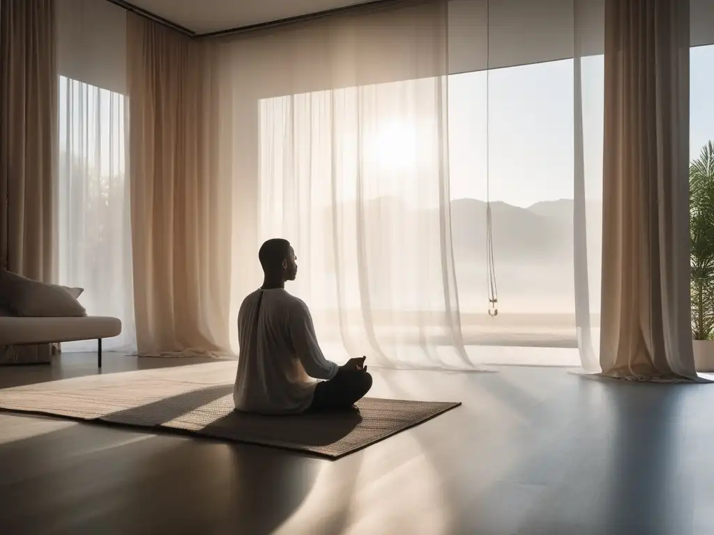 Imagen: Persona meditando en una habitación serena, iluminada por luz natural filtrada por cortinas