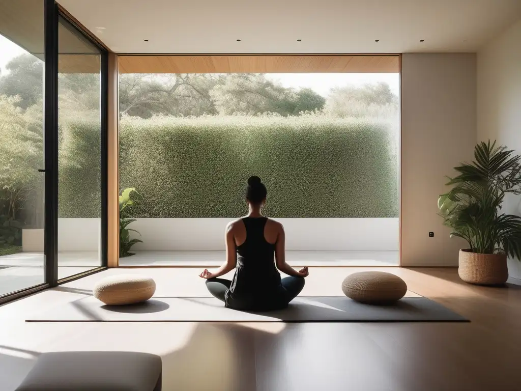 Persona meditando en una habitación minimalista y serena