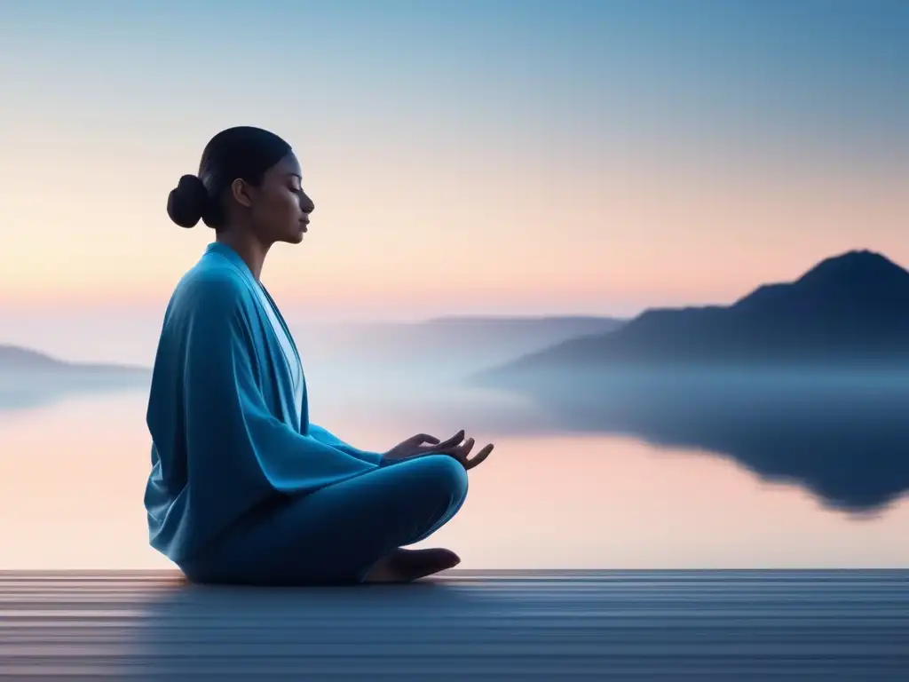 Beneficios de la meditación para metas claras: imagen serena y minimalista con persona en postura meditativa rodeada de metas y luz