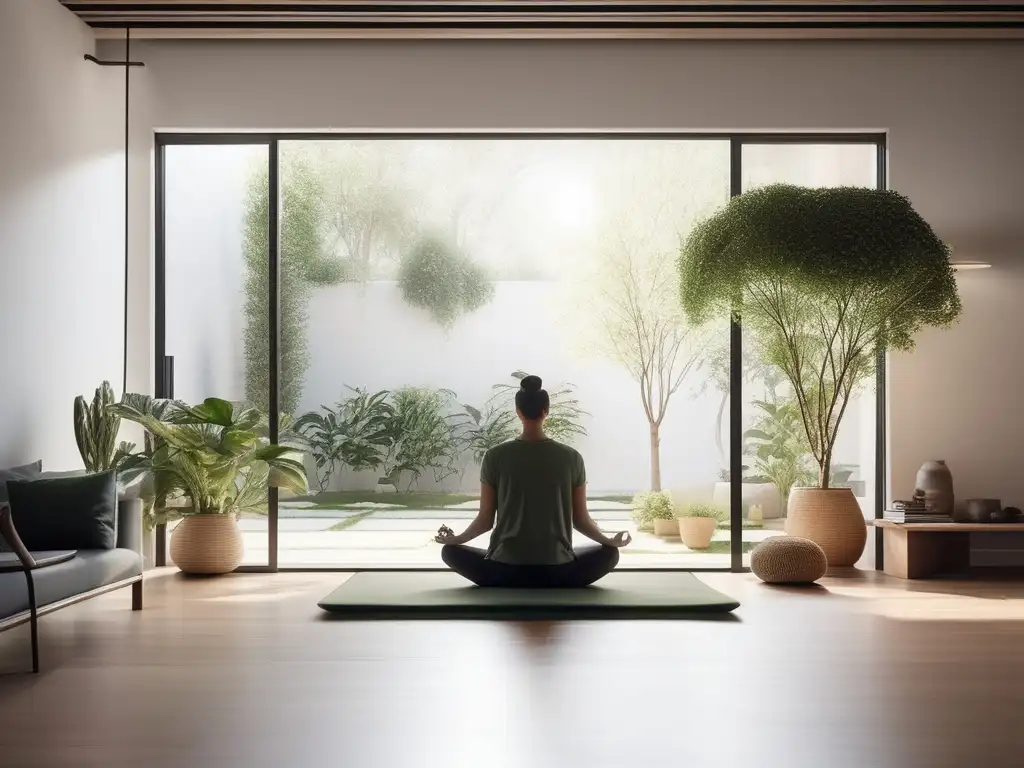 Persona meditando en habitación luminosa con plantas, transmitiendo paz y beneficios de la meditación