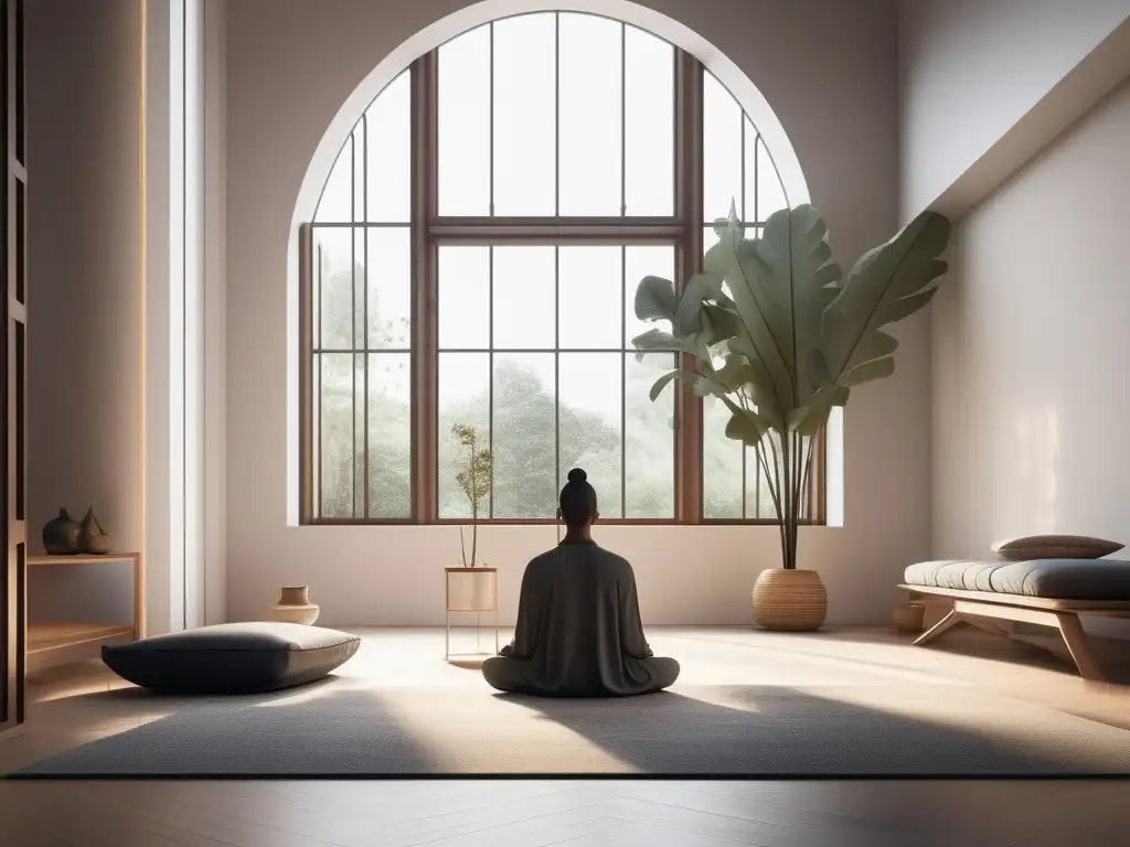 Meditador en sala minimalista, iluminada y contemporánea