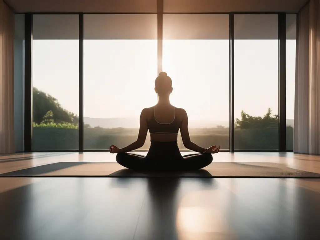 Meditador en postura grácil frente a ventana panorámica, con paisaje urbano y beneficios de la meditación del vacío