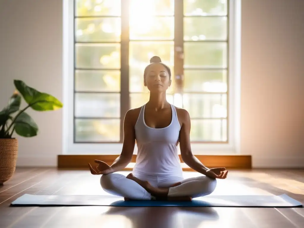 Meditador en posición de loto, luz natural, corazón radiante, simbolizando amor y autodescubrimiento