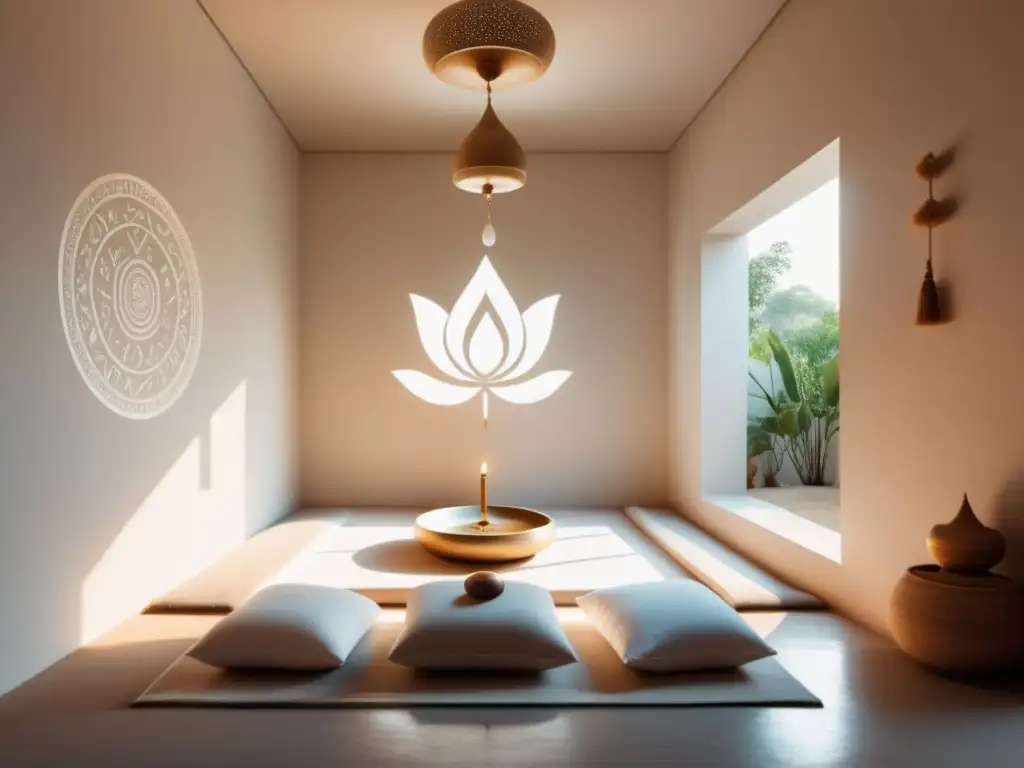 Sala de meditación minimalista en India: relación espiritualidad salud mental India