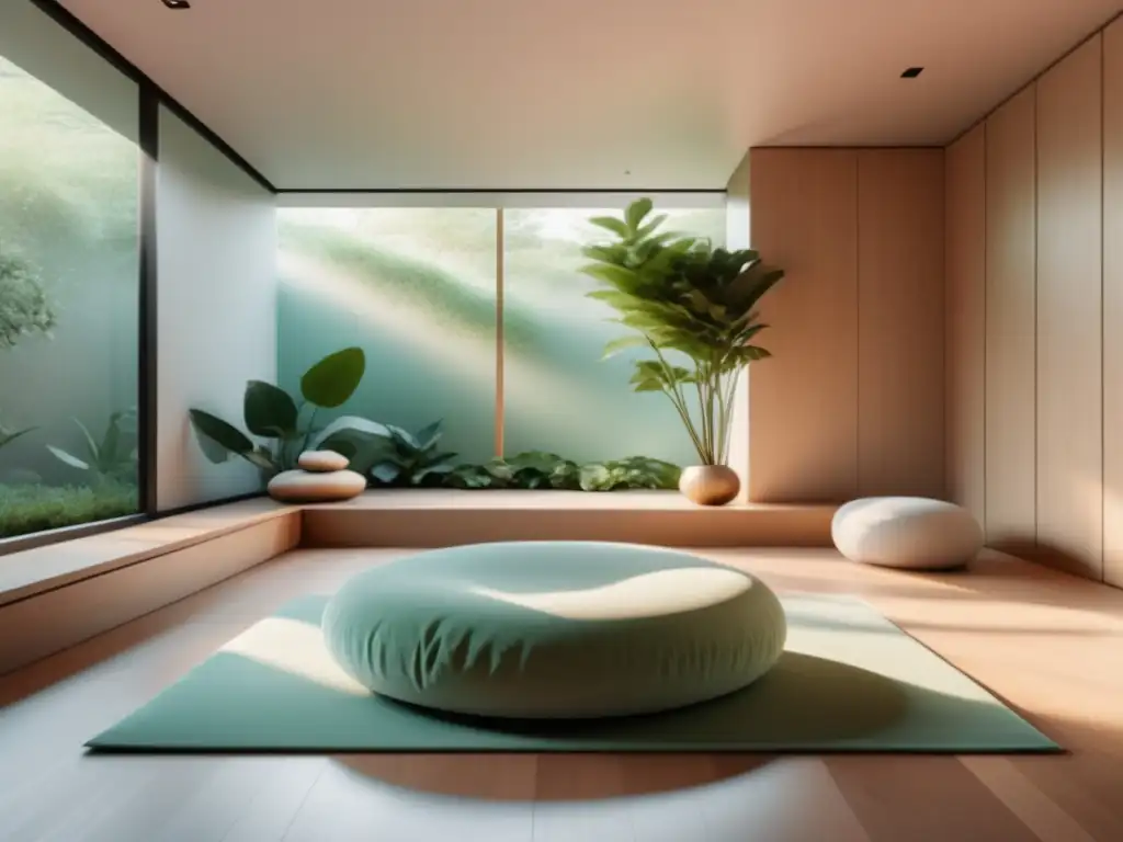 Beneficios de Mindfulness en fatiga crónica: Sala serena y minimalista con luz natural, vista al jardín, arte abstracto, cojín de meditación, planta