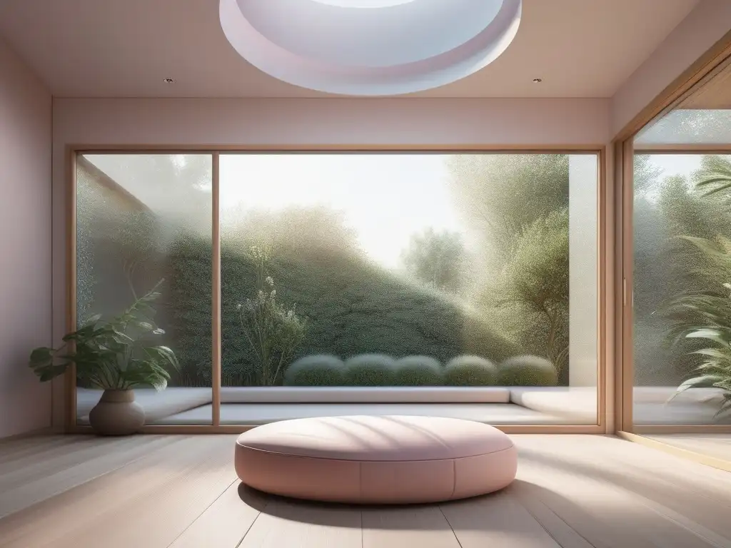 Sala de meditación minimalista con luz natural y técnicas de mindfulness para estrés