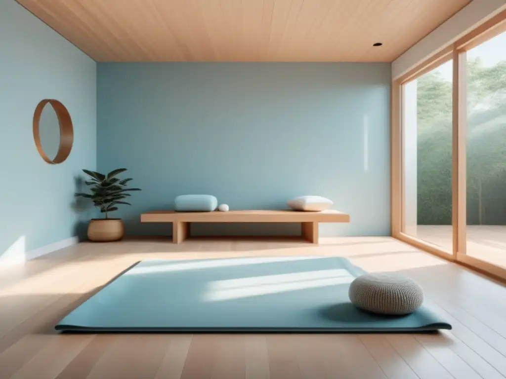 Escenario de meditación minimalista con luz natural y elementos para alcanzar equilibrio emocional pleno