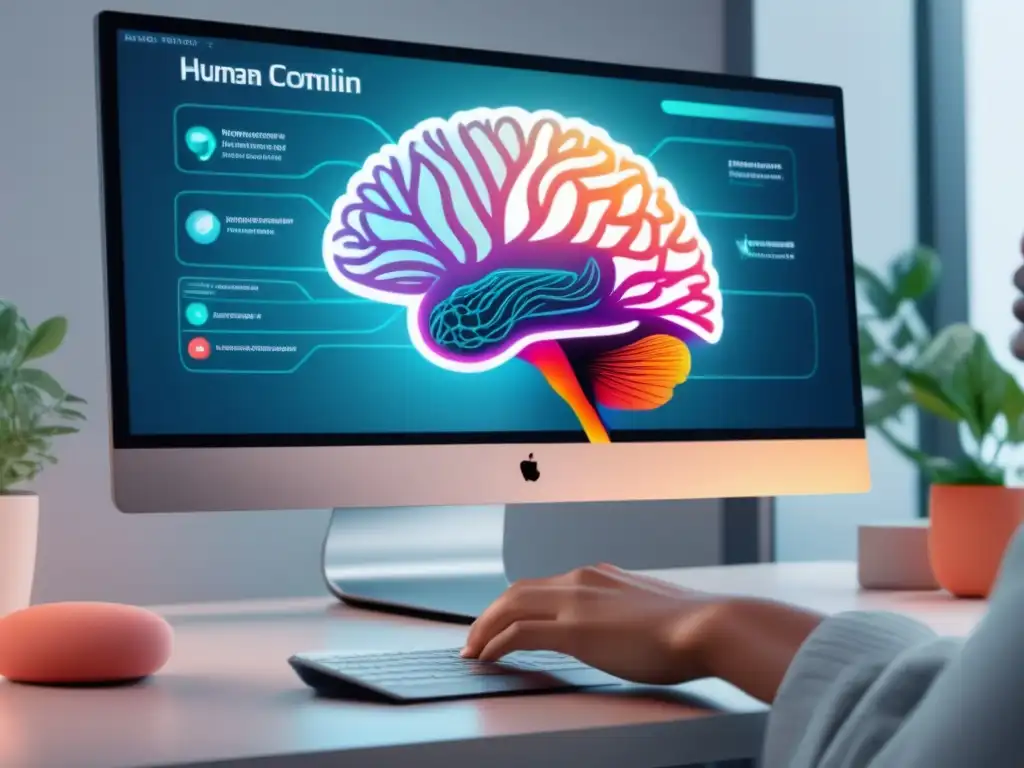 Impacto tecnología salud mental: persona frente a un monitor moderno, visualización cerebral detallada, acceso a información sobre salud mental