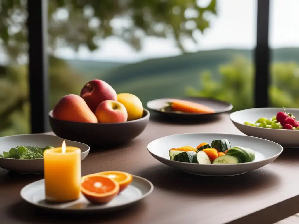 Mesa de comedor minimalista con frutas y verduras coloridas - Mindfulness para trastornos alimentarios