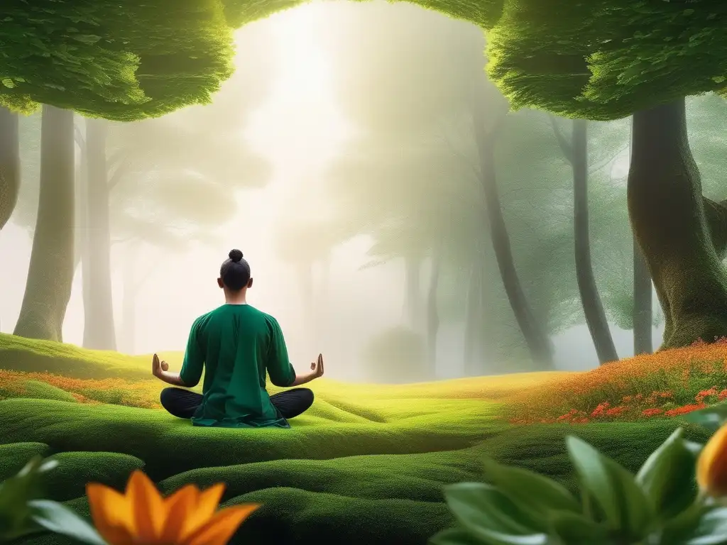 Metas saludables para bienestar mental: imagen 8k detallada muestra escena de meditación en bosque verde y skyline urbano