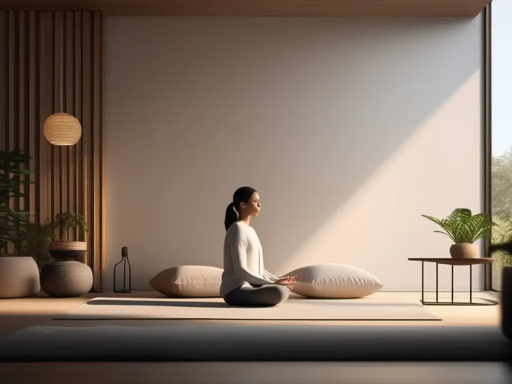 Persona practicando mindfulness en una habitación minimalista y tranquila con luz suave