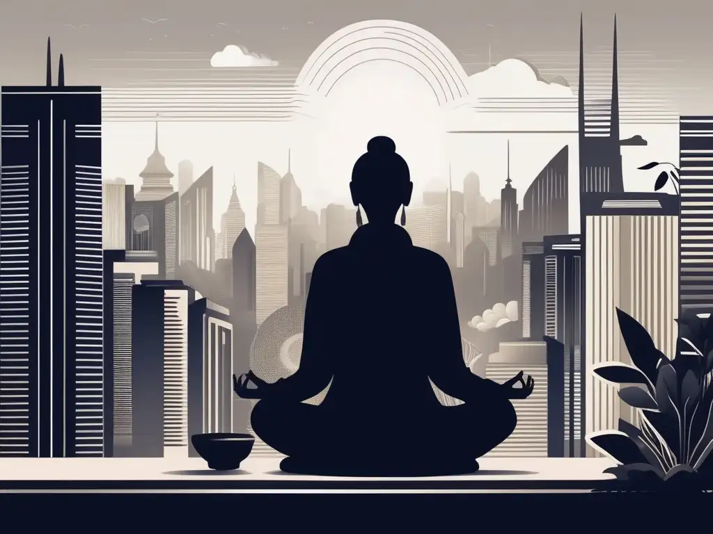 Ilustración minimalista de persona meditando en ciudad vibrante: Beneficios del mindfulness en emprendimiento