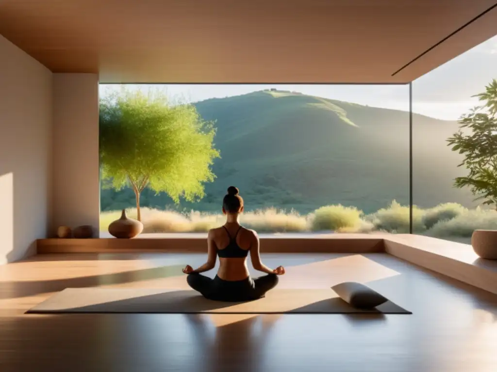 Mindfulness para trastorno de personalidad borderline: imagen de sala de meditación minimalista con vista a la naturaleza