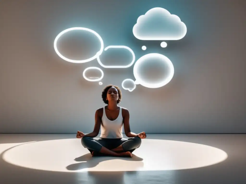 Beneficios del Mindfulness: Persona en suelo blanco practicando, rodeada de un entorno sereno