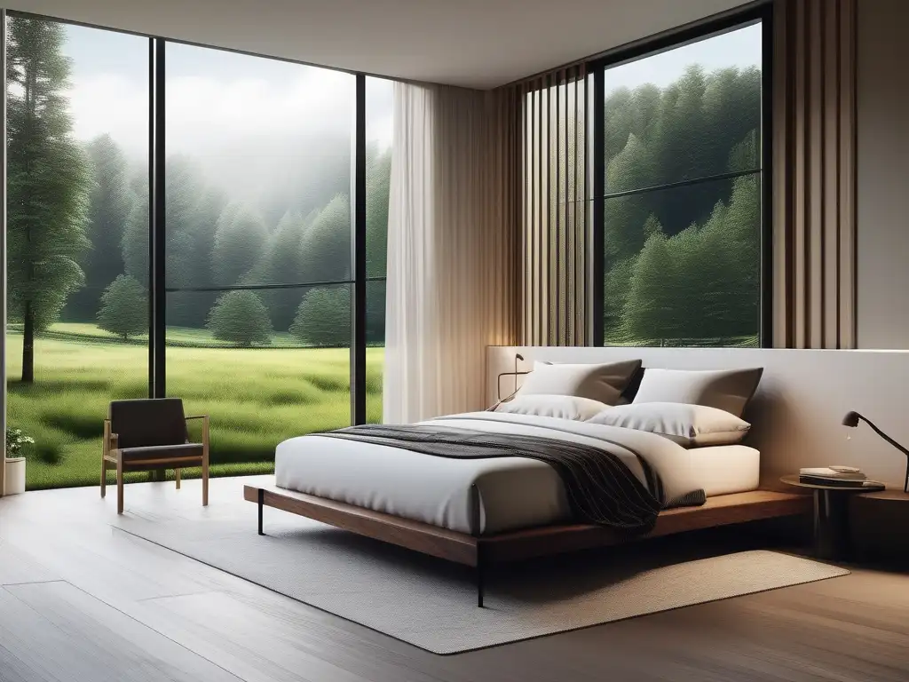 Habitación serena y minimalista con vistas a un paisaje verde, luz natural y decoración elegante