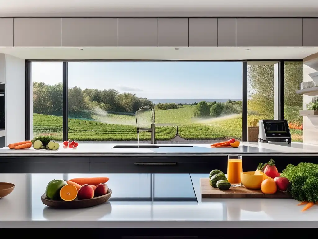 Cocina moderna con vista a paisaje natural y frutas frescas, promoviendo dieta equilibrada contra depresión postparto