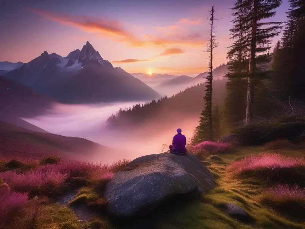 Paisaje de montaña al amanecer, con neblina sobre las cumbres