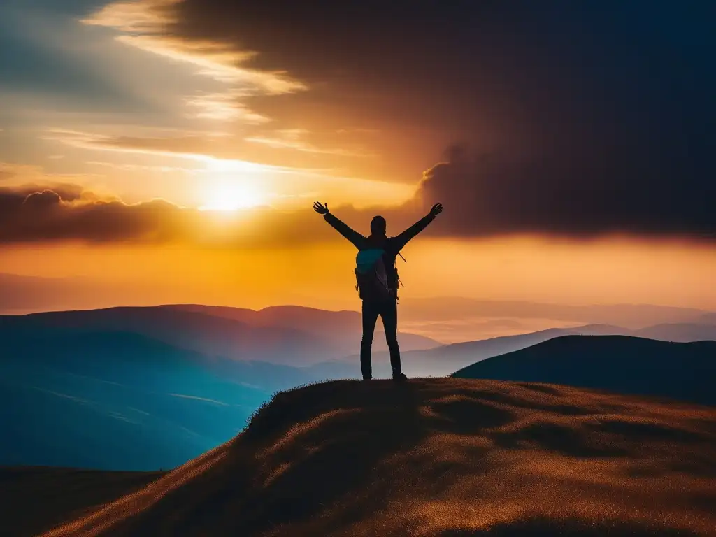 Persona en la cima de la montaña, buscando propósito y significado en la vida