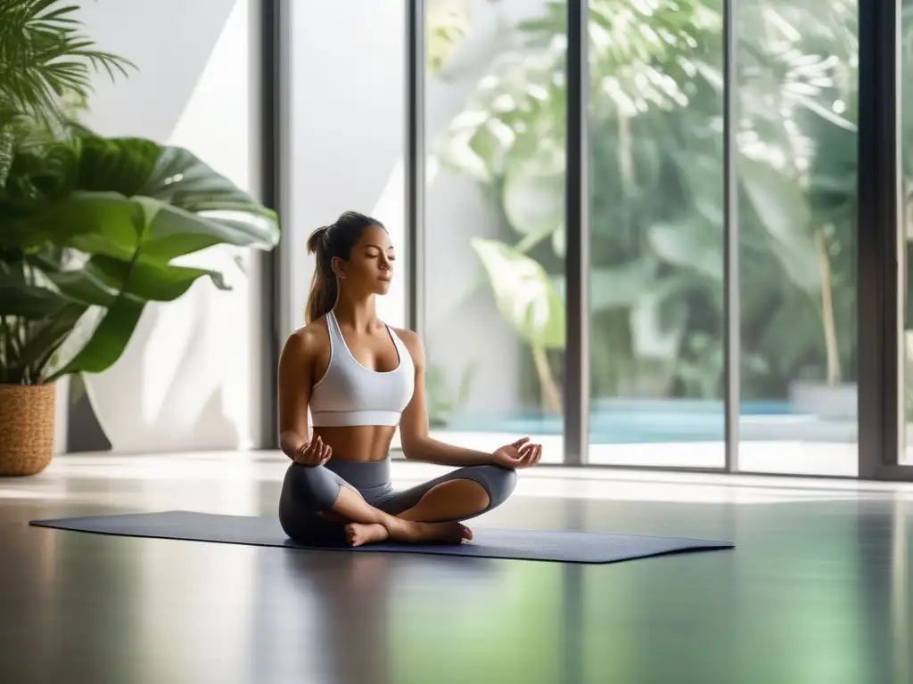 Consejos para superar la depresión: Imagen 8k serena con mujer en yoga, rodeada de luz natural y plantas, transmitiendo calma y bienestar