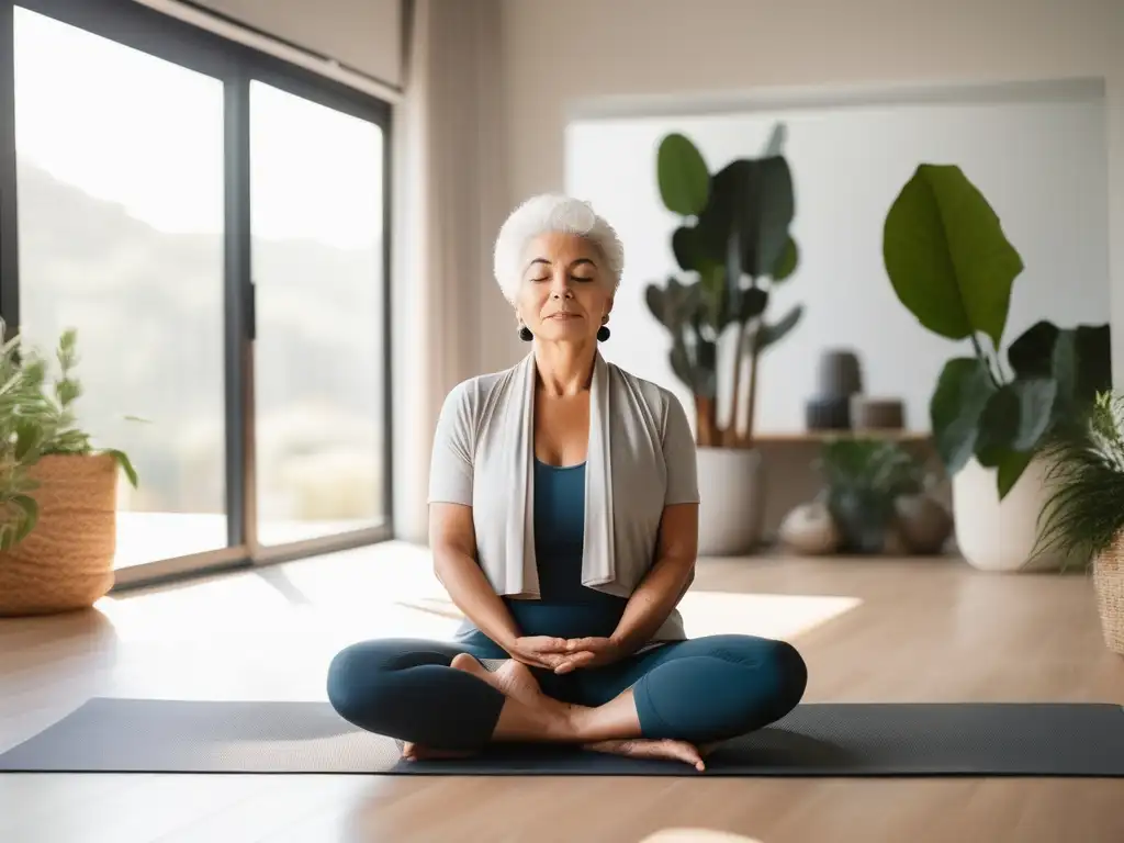 Técnicas de relajación para la vejez: mujer mayor en postura de yoga, expresión serena y ambiente tranquilo