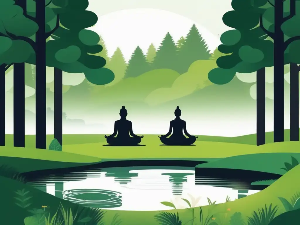 Beneficios del mindfulness en niños: escena serena de naturaleza con niños practicando meditación