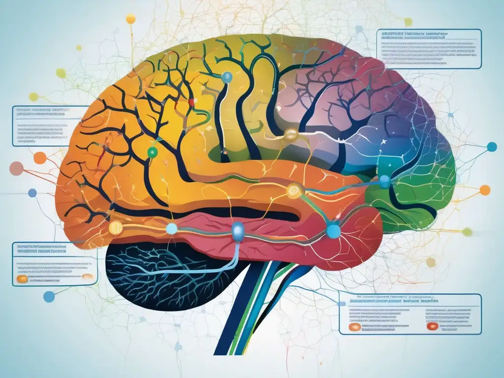 Técnicas neurocientíficas para equilibrio emocional: cerebro detallado con emociones y neuroplasticidad