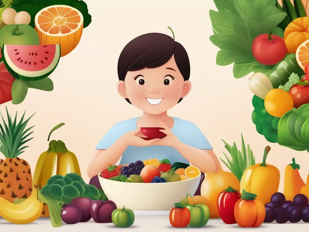 Consejos bienestar infantil: niño comiendo plato equilibrado rodeado de frutas y verduras, imagen 8k colorida y moderna