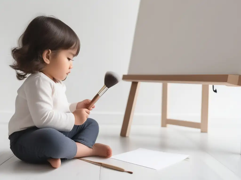 Niño concentrado con pincel, creatividad y arte en pared blanca - Beneficios arte y creatividad infancia