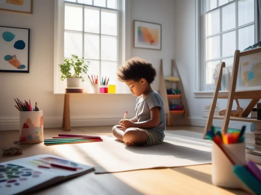 Niño creativo en habitación minimalista con luz natural y suministros de arte organizados