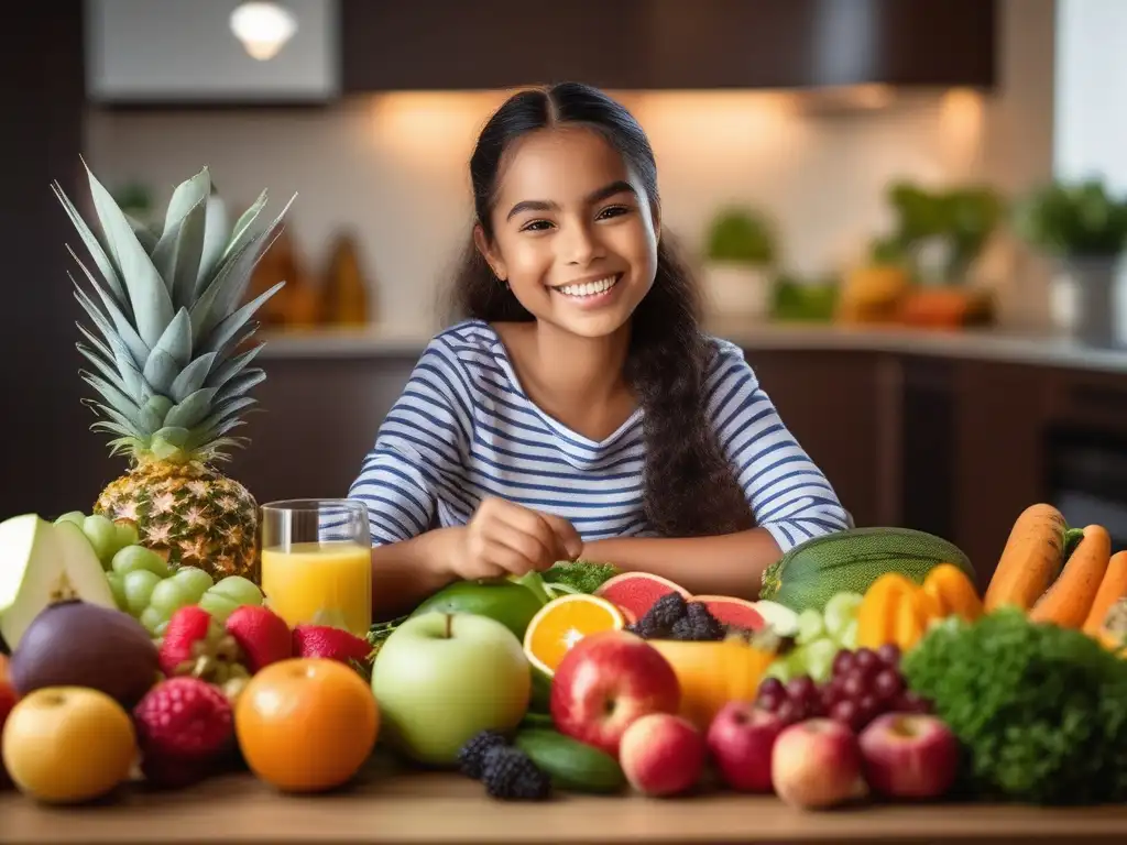 Consejos para el bienestar infantil: Niño disfruta de una comida equilibrada rodeado de alimentos nutritivos