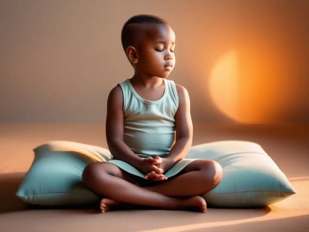 Técnicas de Mindfulness para niños: Niño en postura serena, rodeado de luz dorada, transmitiendo paz y equilibrio interno