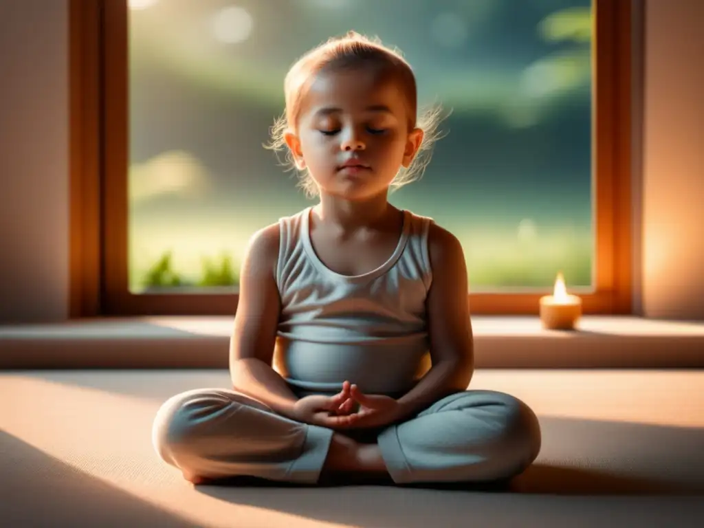 Imagen: Técnicas de Mindfulness para niños, niño en meditación en una habitación minimalista y tranquila