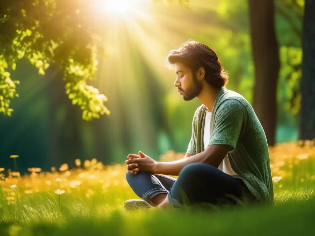 Beneficios de la meditación para niños en un entorno natural: niño sentado en el césped verde, ojos cerrados, manos en las rodillas