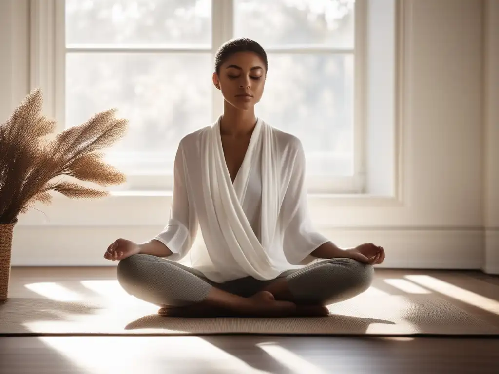 Niño en pose meditativa en habitación tranquila con decoración calmante, invitando a explorar la importancia del mindfulness en niños