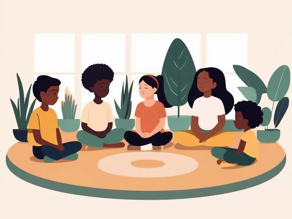 Niños diversos practicando mindfulness para prevenir acoso escolar